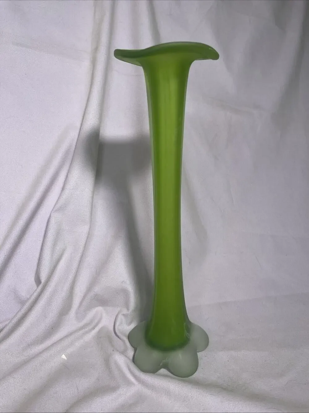 Vintage Frosted Lime Green Tall Art Glass Vase Tulip Shape Floral Clear Base